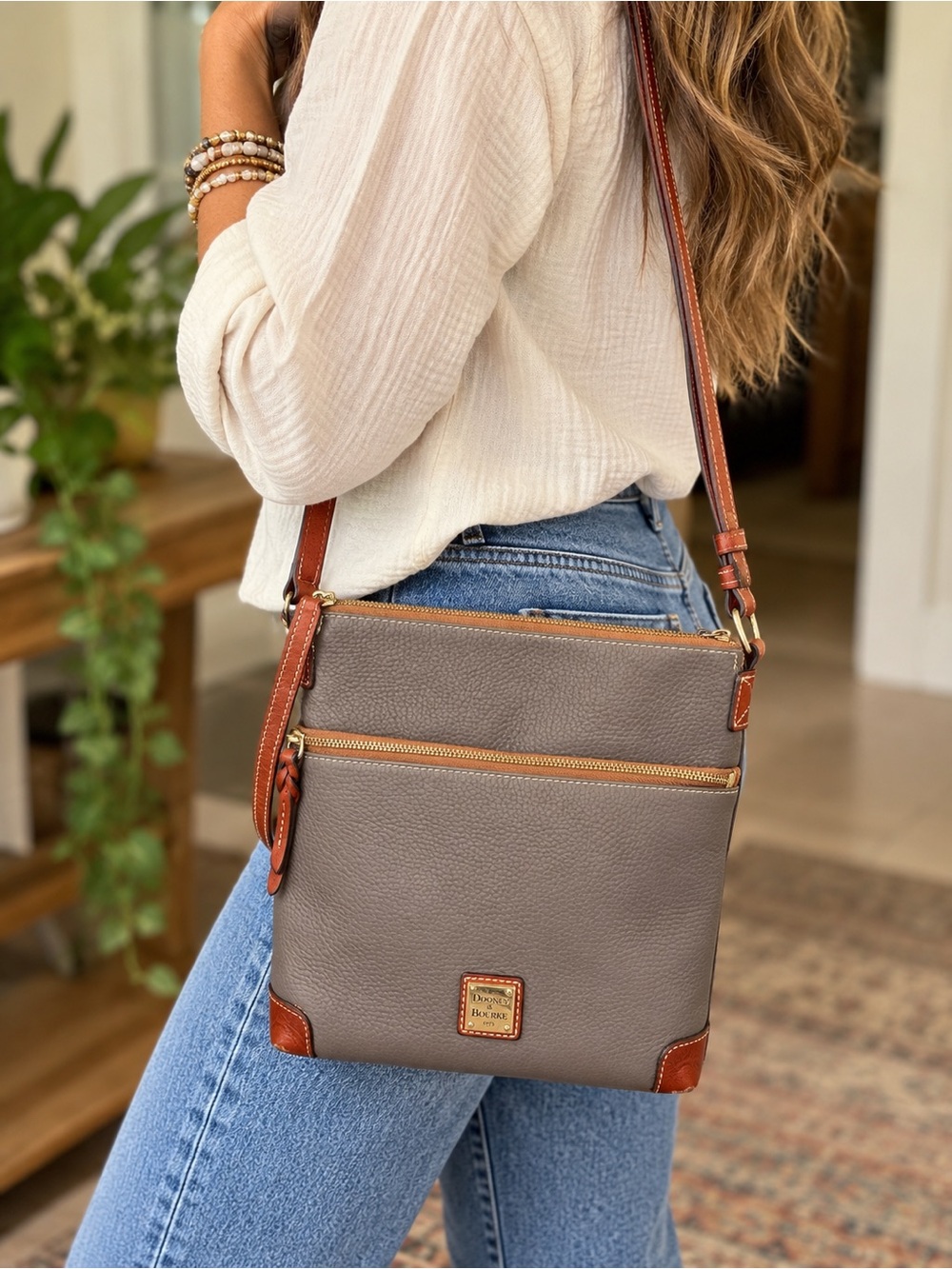 Dooney & Bourke Taupe Pebble Leather Crossbody with Tan Trim